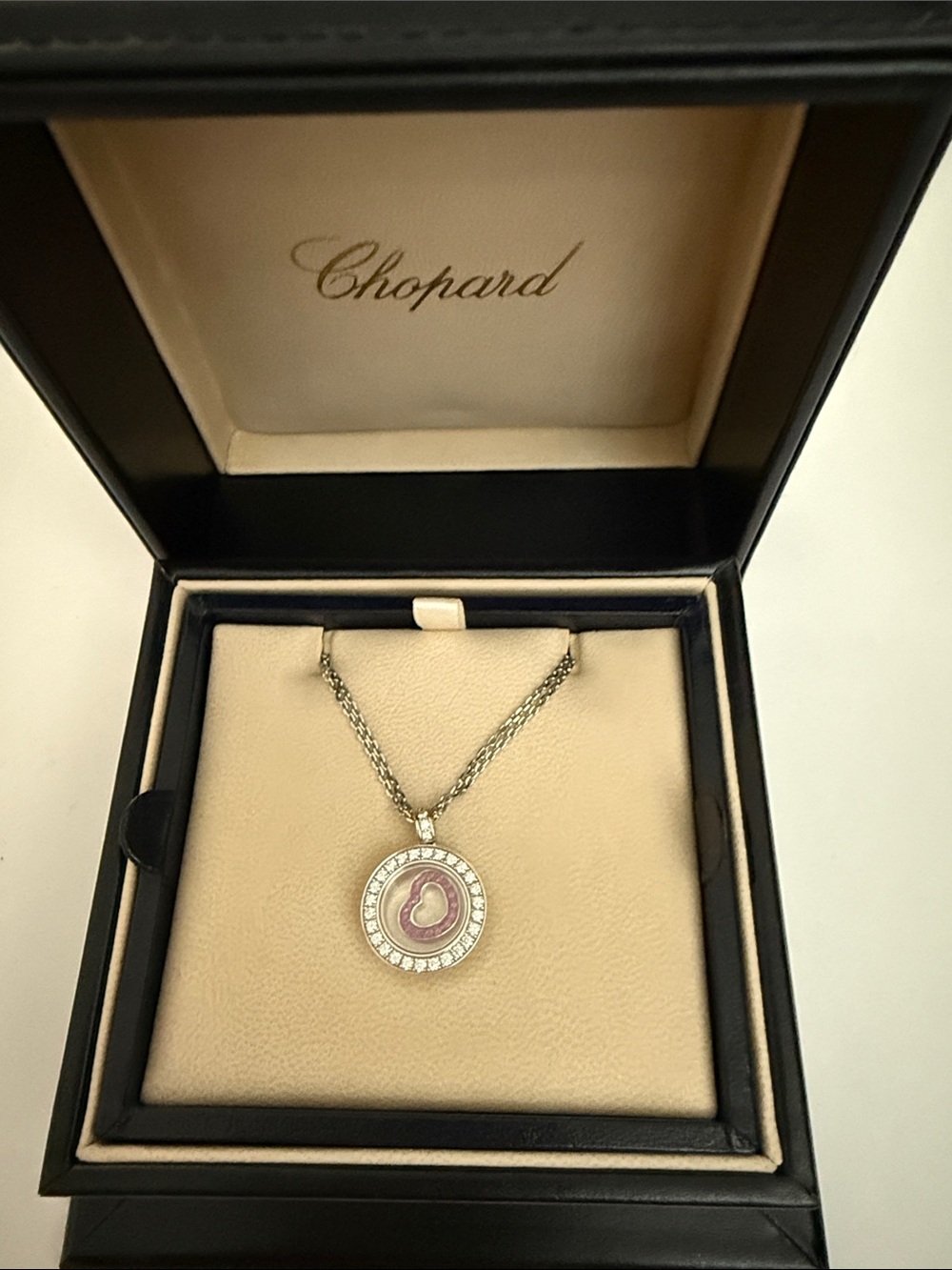 NEW Chopard Happy Diamonds Spirit Pendant 18k White Gold, Diamonds & Ruby Heart